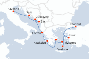 Carte itinéraire croisière  - 10 jours au départ de Istanbul - Méditerranée