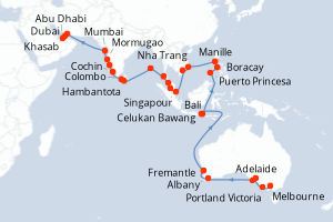 Carte itinéraire croisière - 47 jours au départ de Melbourne - Moyen-Orient Dubaï