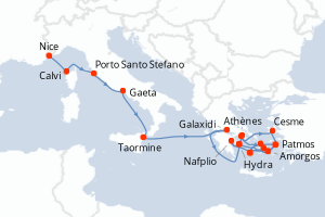 Carte itinéraire croisière De Nice à Athènes - 19 jours au départ de Nice - Méditerranée