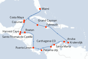 Carte itinéraire croisière  - 20 jours au départ de Miami - Caraïbes Bahamas