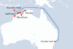 Carte itinéraire croisière - 10 jours au départ de Darwin - Australie Nouvelle Zélande