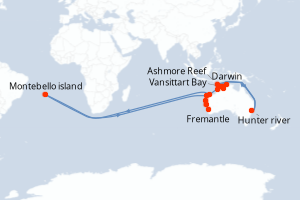 Carte itinéraire croisière - 16 jours au départ de Darwin - Australie Nouvelle Zélande