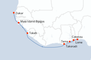 Carte itinéraire croisière  - 12 jours au départ de Tema - Ouest Africain