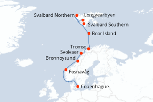 Carte itinéraire croisière  - 14 jours au départ de Copenhague - Spitzberg