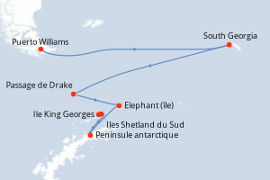 Carte itinéraire croisière  - 14 jours au départ de Puerto Williams - Antarctique