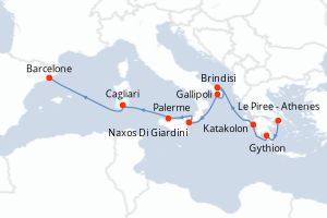 Carte itinéraire croisière - 10 jours au départ de Le Piree - Athenes - Méditerranée