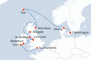 Carte itinéraire croisière - 12 jours au départ de Southampton - Europe du Nord