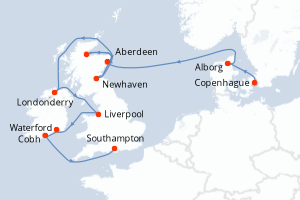 Carte itinéraire croisière - 12 jours au départ de Copenhague - Europe du Nord
