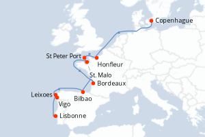 Carte itinéraire croisière  - 15 jours au départ de Copenhague - Atlantique