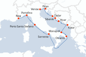 Carte itinéraire croisière - 12 jours au départ de Venise - Méditerranée