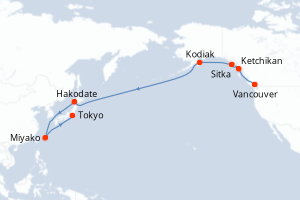 Carte itinéraire croisière - 16 jours au départ de Vancouver - Asie