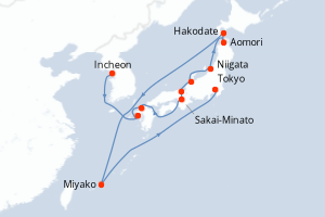Carte itinéraire croisière - 12 jours au départ de Incheon - Asie