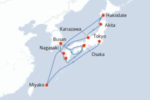 Carte itinéraire croisière - 11 jours au départ de Osaka - Asie