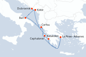 Carte itinéraire croisière - 7 jours au départ de Le Piree - Athenes - Méditerranée