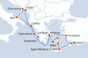 Carte itinéraire croisière - 14 jours au départ de Le Piree - Athenes - Méditerranée