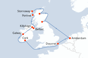 Carte itinéraire croisière - 14 jours au départ de Amsterdam - Europe du Nord
