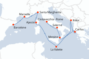 Carte itinéraire croisière - 11 jours au départ de Barcelone - Méditerranée