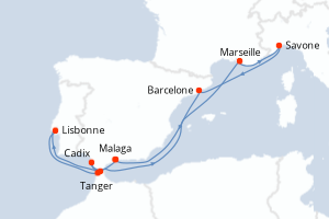 Carte itinéraire croisière - 11 jours au départ de Malaga - Méditerranée