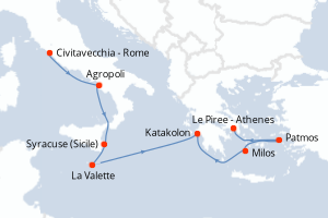 Carte itinéraire croisière - 8 jours au départ de Civitavecchia - Rome - Méditerranée