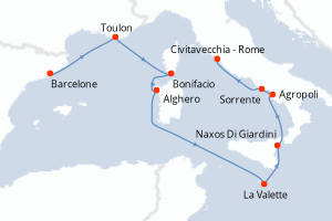 Carte itinéraire croisière - 9 jours au départ de Barcelone - Méditerranée