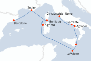 Carte itinéraire croisière - 9 jours au départ de Civitavecchia - Rome - Méditerranée