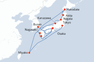 Carte itinéraire croisière - 12 jours au départ de Osaka - Asie