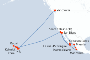 Carte itinéraire croisière - 28 jours au départ de Vancouver - Amérique du Nord