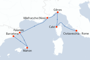 Carte itinéraire croisière - 7 jours au départ de Civitavecchia - Rome - Méditerranée