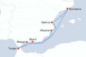 Carte itinéraire croisière - 7 jours au départ de Barcelone - Méditerranée