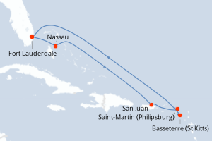 Carte itinéraire croisière - 8 jours au départ de Fort Lauderdale - Caraïbes Bahamas