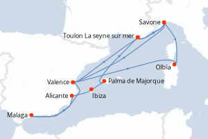Carte itinéraire croisière - 14 jours au départ de Toulon La seyne sur mer - Méditerranée