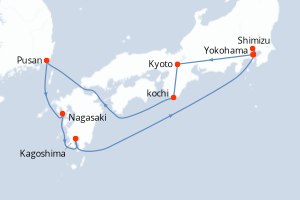 Carte itinéraire croisière - 12 jours au départ de Yokohama - Asie