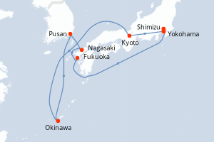 Carte itinéraire croisière - 12 jours au départ de Yokohama - Asie