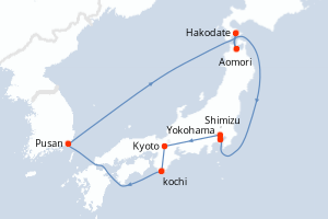 Carte itinéraire croisière - 12 jours au départ de Yokohama - Asie