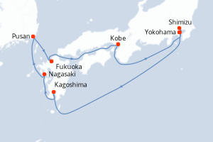Carte itinéraire croisière - 12 jours au départ de Yokohama - Asie