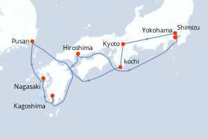 Carte itinéraire croisière - 12 jours au départ de Yokohama - Asie