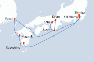 Carte itinéraire croisière - 12 jours au départ de Yokohama - Asie