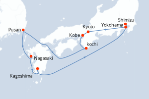 Carte itinéraire croisière - 12 jours au départ de Yokohama - Asie