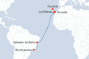 Carte itinéraire croisière - 12 jours au départ de Funchal - Amérique du Sud