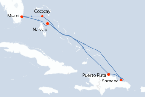 Carte itinéraire croisière - 7 jours au départ de Miami - Caraïbes Bahamas