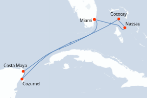 Carte itinéraire croisière - 7 jours au départ de Miami - Caraïbes Bahamas