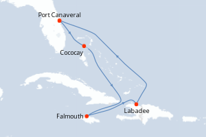 Carte itinéraire croisière - 7 jours au départ de Port Canaveral - Caraïbes Bahamas