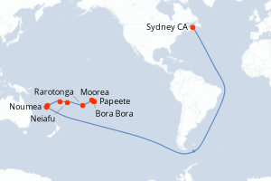 Carte itinéraire croisière - 18 jours au départ de Papeete - Australie Nouvelle Zélande