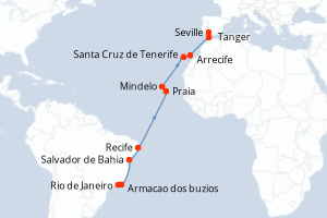 Carte itinéraire croisière - 21 jours au départ de Rio de Janeiro - Guadalquivir Guadiana