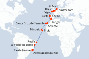 Carte itinéraire croisière - 31 jours au départ de Rio de Janeiro - Transatlantique