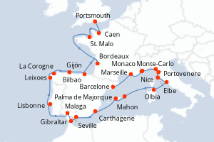 Carte itinéraire croisière - 29 jours au départ de Barcelone - Atlantique