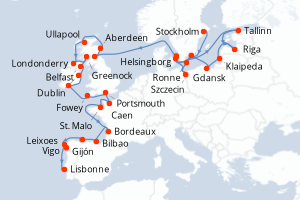 Carte itinéraire croisière - 34 jours au départ de Stockholm - Atlantique