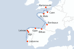 Carte itinéraire croisière - 11 jours au départ de Portsmouth - Atlantique