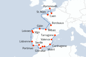 Carte itinéraire croisière - 21 jours au départ de Portsmouth - Méditerranée