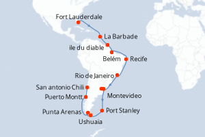 Carte itinéraire croisière - 37 jours au départ de Fort Lauderdale - Amérique du Sud